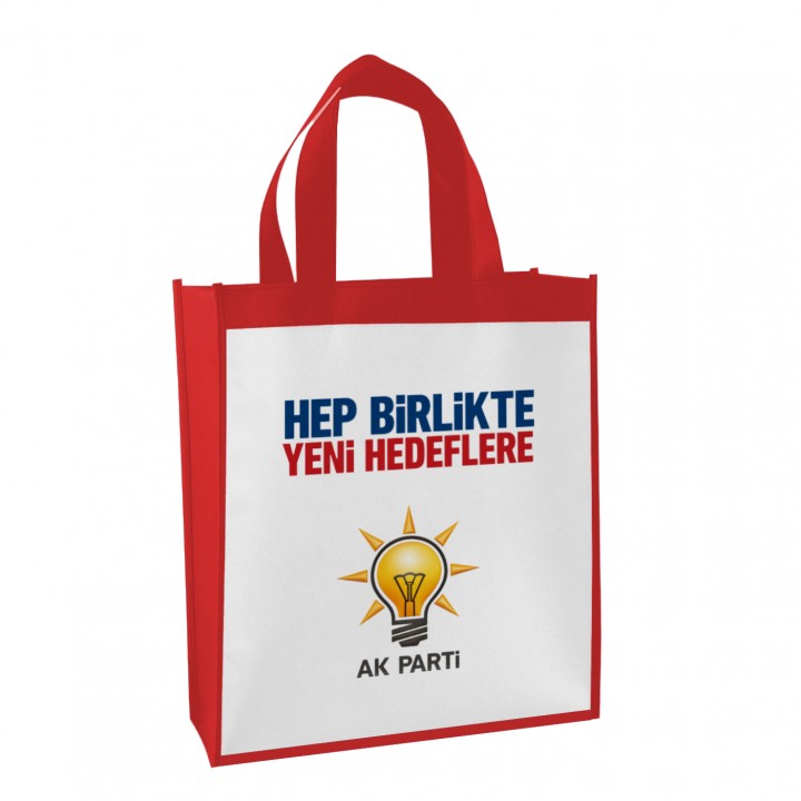 AK Parti Logolu Kırmızı Kenarlı Nonwoven Promosyon Elyaf Çanta Körüklü Model